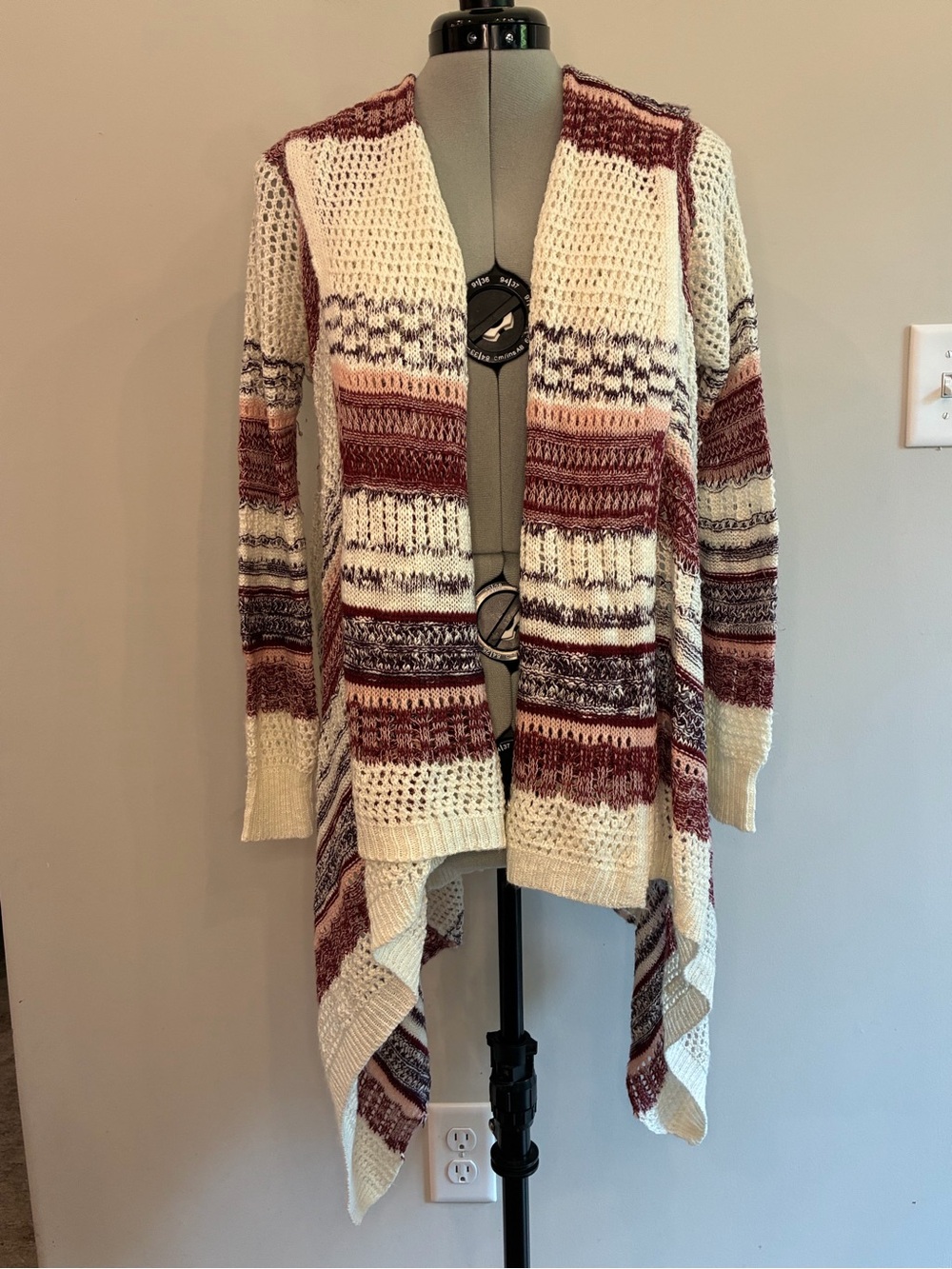 Almost Famous Cream & Burgundy Striped Open-Front Cardigan 0019